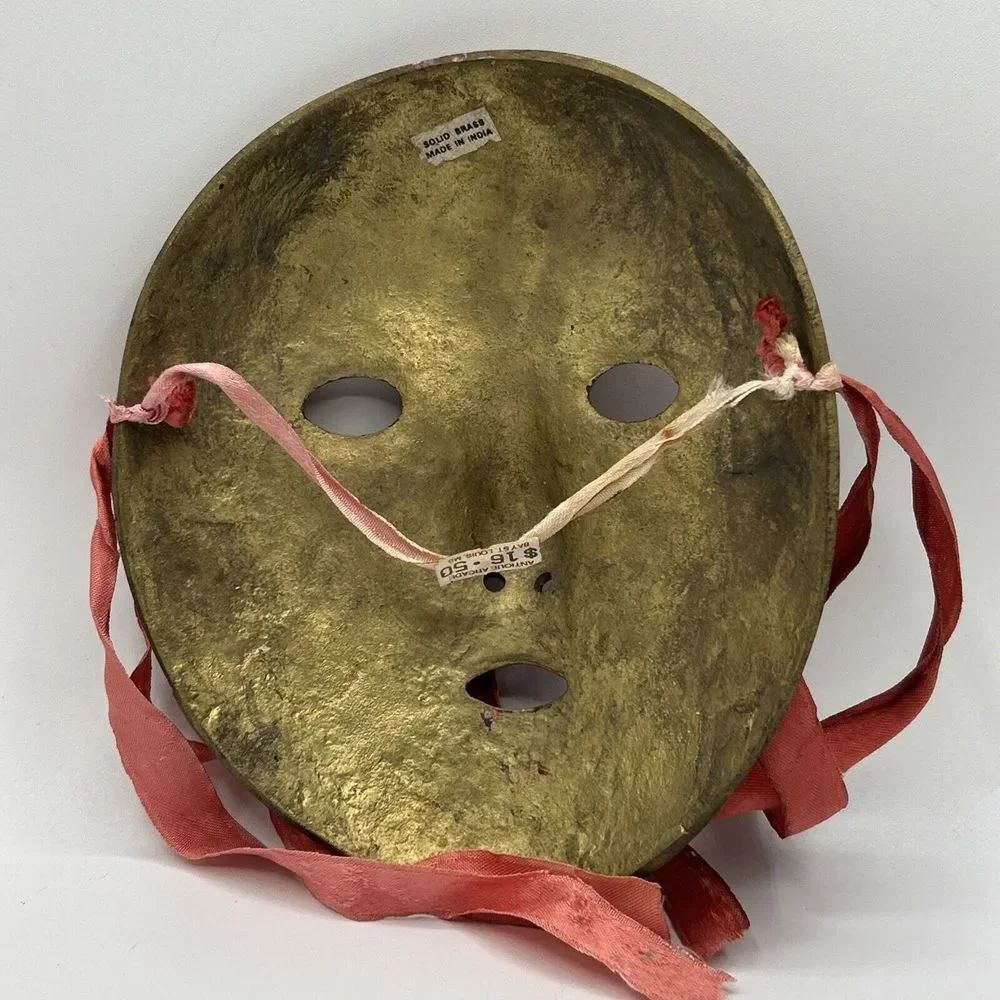 Vintage Enamel on Solid Brass‎ Mardi Gras Mask Face Ribbons Disintegrating 8